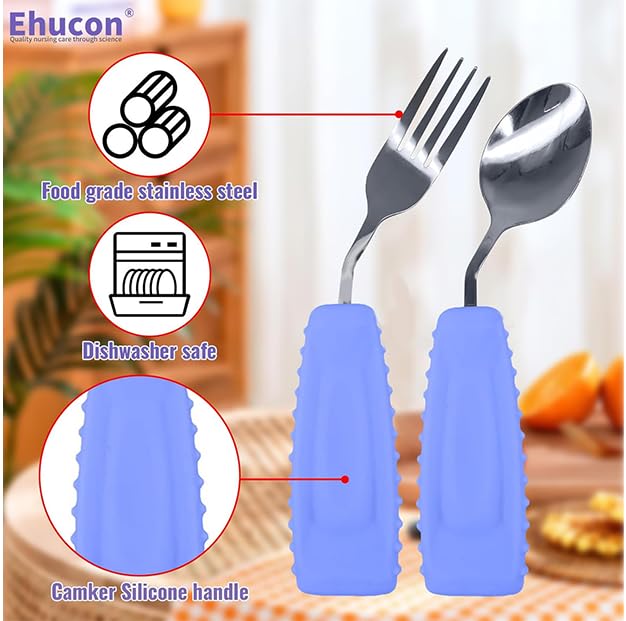 Adaptive Utensils - Cuchara y tenedor en ángulo para temblores de mano, Parkinson, utensilios pesados con asas antideslizantes de fácil agarre para comer independiente (1 cuchara + 1 tenedor =
