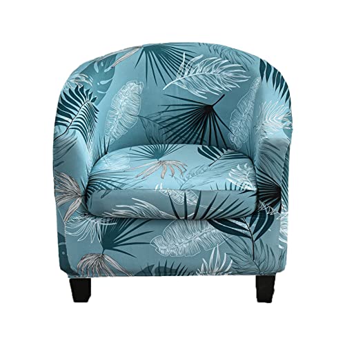 Byforphye Tub Chair Slipcover 2 Piece Stretch Club Chair Cover with Cushion Cover Spandex Round Chair Slipcover Armchair Furniture Protector for Living Room Hotel Counter (Blue Leaf)