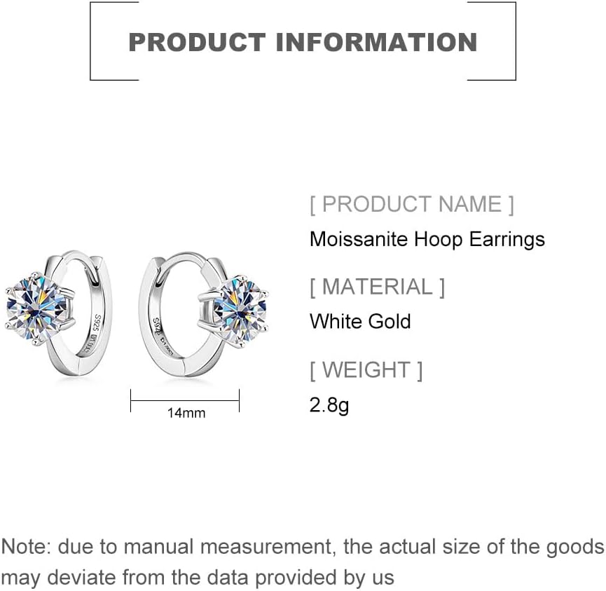 1.0CT Round Cut D Color Moissanite Hoop Earrings for Women,18K Gold Over 925 Silver Six Claw Moissanite Huggie Earrings,Fashion Jewelry Gift for Her