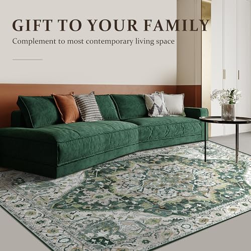 Green Boho Area Rug 6x9 Washable Large Vintage Rug for Living Room Bedroom Office Kitchen Entrance Dining Room Non Slip Soft Low-Pile Farmhouse, Green/Multi