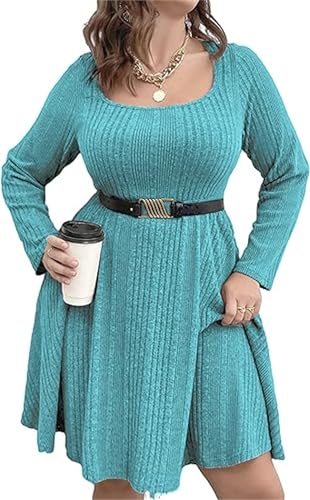 Image of Women's Plus Size Casual Sweater Dress Square Neck Long Lantern Sleeve Tie Waist Loose Pullover Sweater Dresses