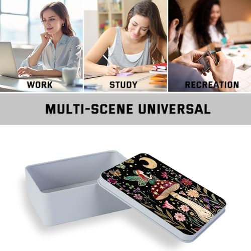 Image of Metal Tin Box with Lid for Game Cards Home Organizer Candles Keys Crafts Storage - Equipped with 4 Magnetic Cord Clips,Mushroom Fairy and Moon