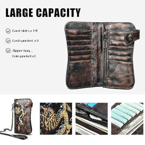 Genuine Crazy Horse Leather Travel Gift Coin Pocket Card Case Long Organizer Chain Rfid Wallet Purse With Snap For Men Male 1088 (1088 Coffee)4
