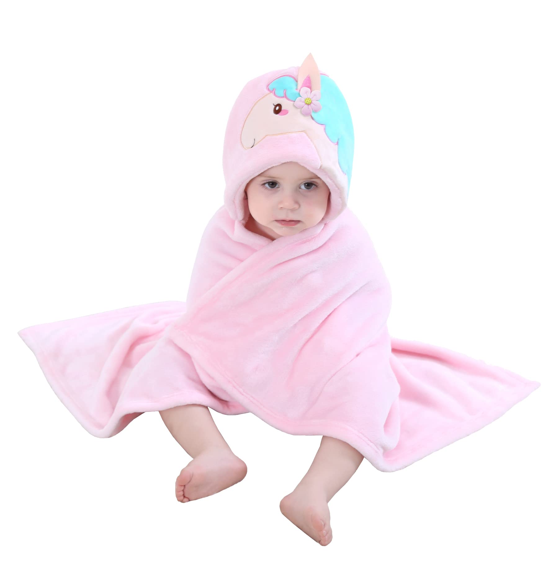 Doladola Toddlers' Plush Animal Themed Hooded Blanket,Baby Flannel Receiving Blankets for Girls and Boys,Kids Play time Blanket (Pink Horse)