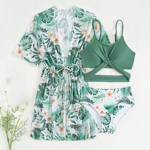 Girls 3 Piece Swimsuit H𝐚waiian Soft Robe with Belt+𝐂riss 𝐂𝗿oss Bikini Bathing Suits Swim Shorts Swimwear Teen3