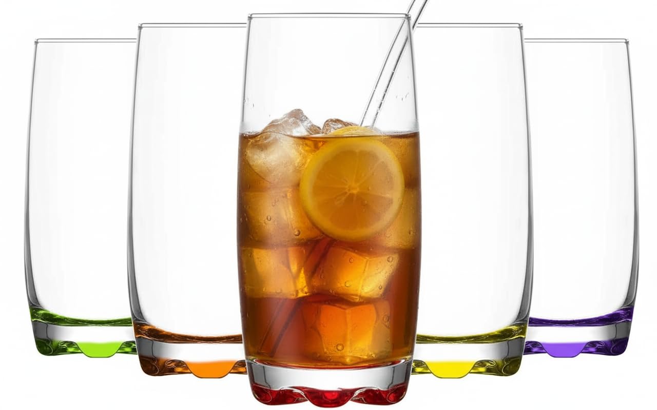 Acense 6X 390ml Multicolour Adora Highball Glasses โ Tall Glasses for Water, Gin, Juice, Cocktails, and More, Microwave Safe