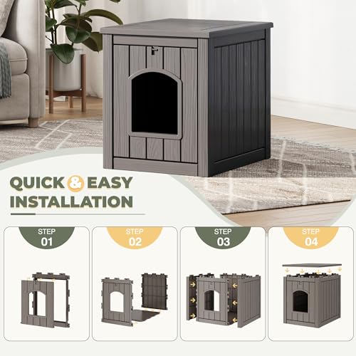 Image of Cat Litter Box Enclosure, Enclosed Cat Litter Box Raised Floor, Openable Front Door Outdoor Cat House Weatherproof, Easy to Clean, Grey