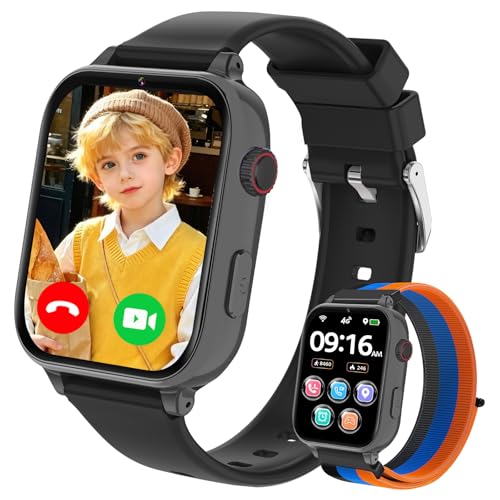 Smartwatch für Kinder mit 4G Videoanruf, Voice Chat, Anruffunktion, Schulmodus, GPS, Spiele, Wecker, 2x Uhrarmband‌, Telefonuhr Uhr Kinder Geschenk für Mädchen Jungen 4-12 Jahren (Schwarz-A5)