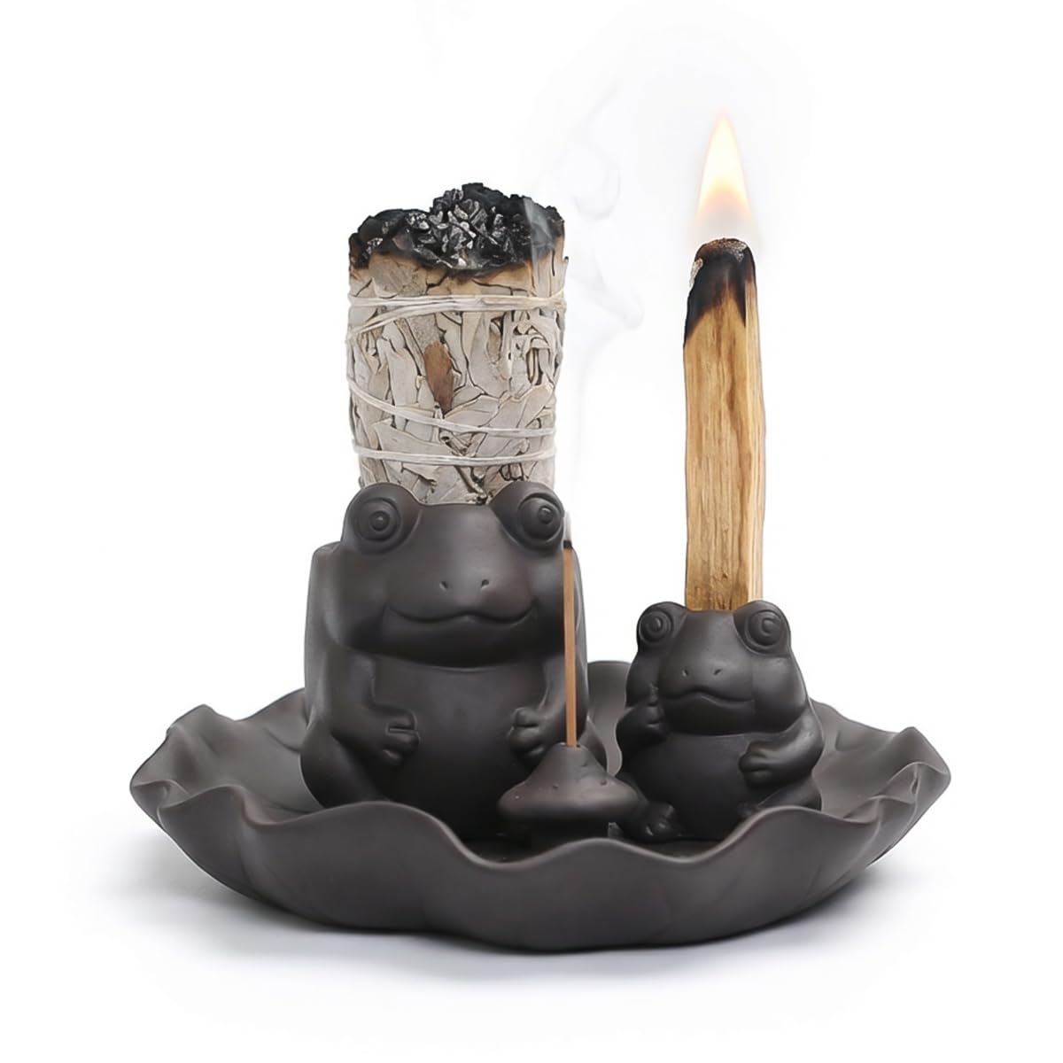 ChangWanna Multifunction 4 in 1 Frog Incense Holder, Palo Santo Holder, Sage Holder, Ceramic Incense Stick Holder for Burning - Cute Ash Catcher Tray for Yoga/Meditation/Home Room Office Decor, Black