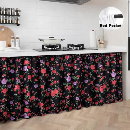 Image of Premium Printed Kitchen Sink Curtain | Washable & Dustproof Rod Pocket Counter Skirt | Perfect for Any Sink | Multicolor Cooking Theme Decor for Home & Kitchen(150cm X 70cm) (Red Rose)