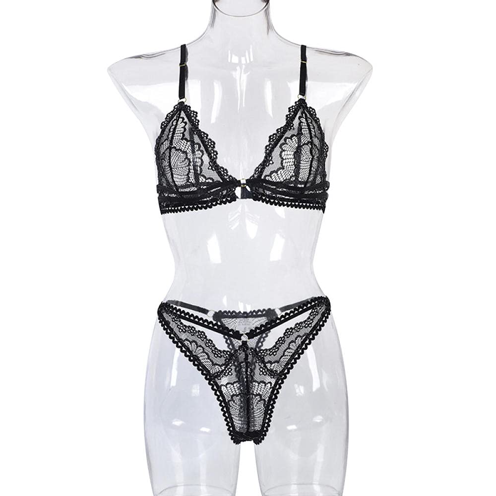 MLLM Transparente Lingerie,Ropa de Mujer de Encaje Sexy, Ropa Interior de hebras Cruzadas, Traje de Modelado de tentación-Negro_S,Conjunto de Lencería Mujer