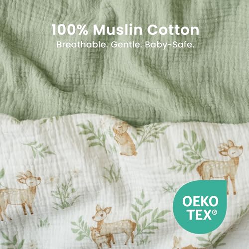 Image of Konssy 2 Pack Muslin Bassinet Sheets for Boys, Girls, 100% Cotton Soft Breathable Fitted Bassinet Mattress Sheet, 33 x 21 inches (Woodland,Sage)