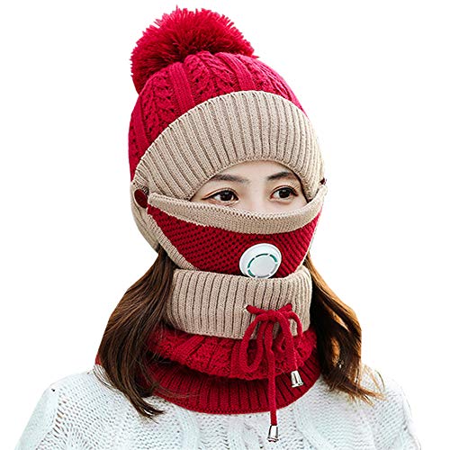OuLi Store®3 en 1 Conjunto de Gorro de Punto para Mujer Beanie Bufanda Polar Térmico Calentador de Cuello Gorro de Invierno (Válvula/Rojo) Cover