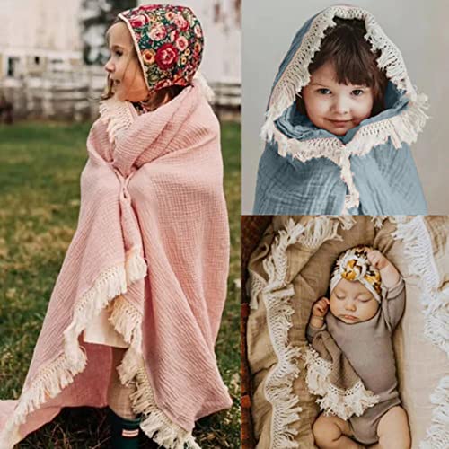 Insular Cotton Muslin Baby Blanket With Tassel, Boho Bohemian Muslin Swaddle Blanket Baby Receiving Blanket With Fringe, Nursery Decor Throw Or Nursing Blankets, 47" X40”, Flower #TOP5