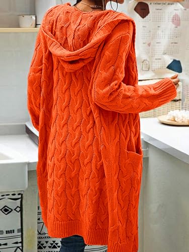 Image of Women Hooded Open Front Cardigan Cable Knit Chunky Long Sweater Coats | solid color, cable knit ,long duster cardigan,chunky coatigan,winter ,falll ,side pockets