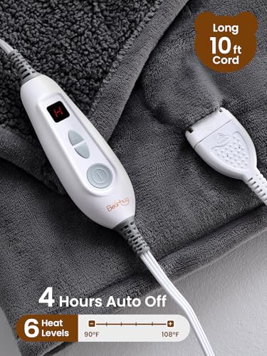Image of Bearhug Electric Blanket Throw Size, 50 inch x 60 inch Heated Blanket with 6 Heating Levels & 4H Auto Shut-Off, Machine Washable Soft Velvet to Sherpa Reversible Heated Throw for Office, Couch and Sofa, Gray