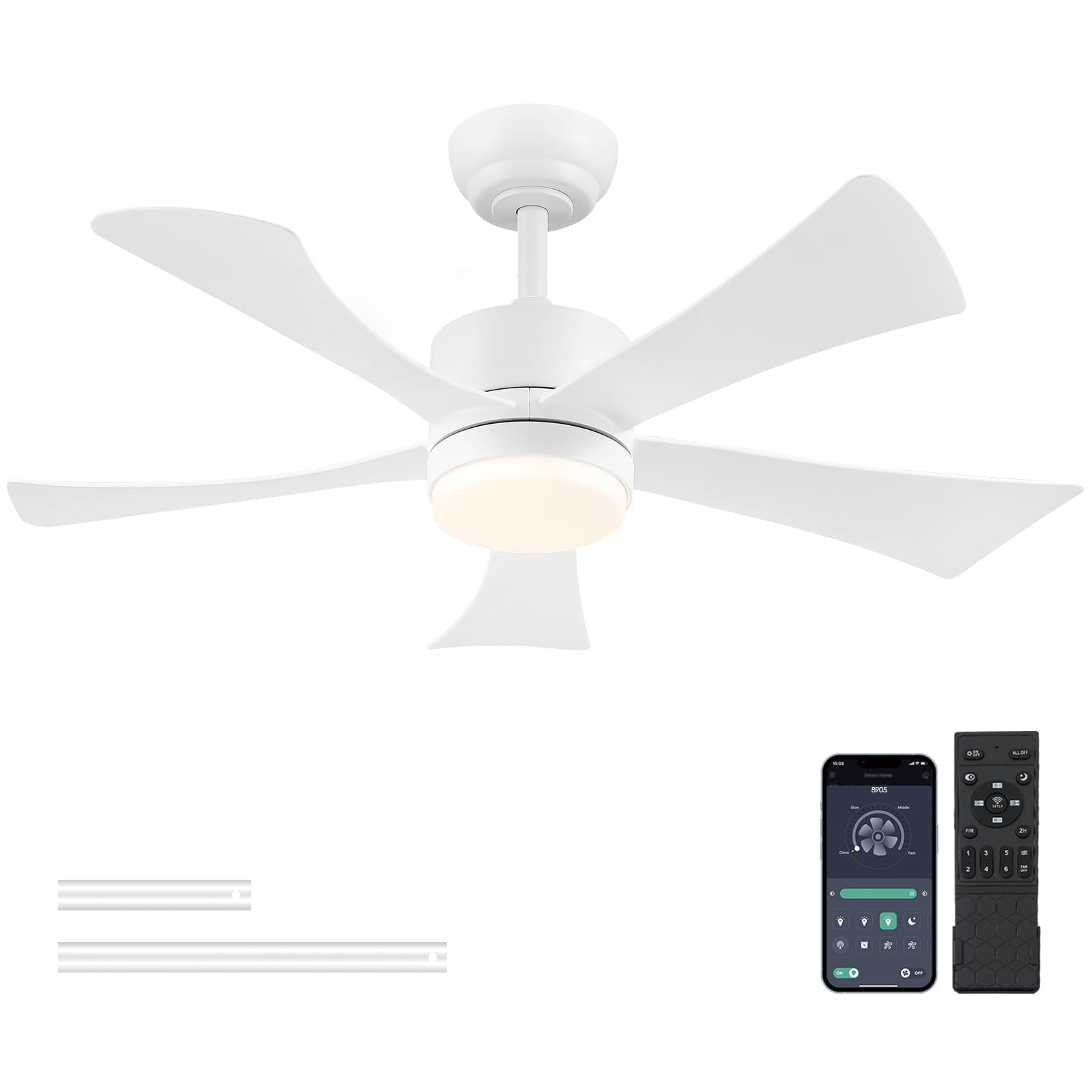 105 cm Deckenventilator mit Licht, Moderner Weißer Deckenventilator mit App-Fernbedienung, DC-Motor (leise), 3CCT dimmbare Beleuchtung mit Memoryfunktion, LED Deckenventilator für Schlafzimmer