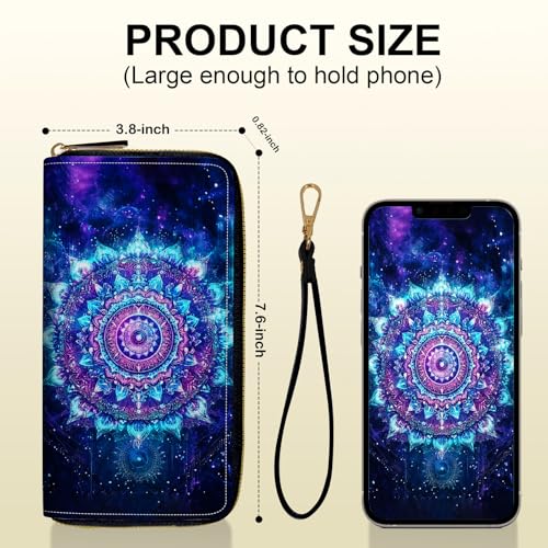 Women's Card Holder Wristlet Wallet, Convenient Travel Long Wallet with Strap and Pink Compact Mirror, Fashion and Sturdy Wristlet Long Purse for Women, Purple Mandala3