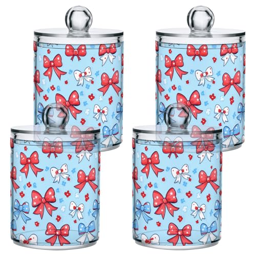 Gredecor 4 Pack Qtip Holder Clear Red Blue Bows Cherry Stars (5) Apothecary Jars with Lids Acrylic Bathroom Jars Vanity Countertop Canister Storage Organizer for Cotton Ball,Swabs,Pads,Floss