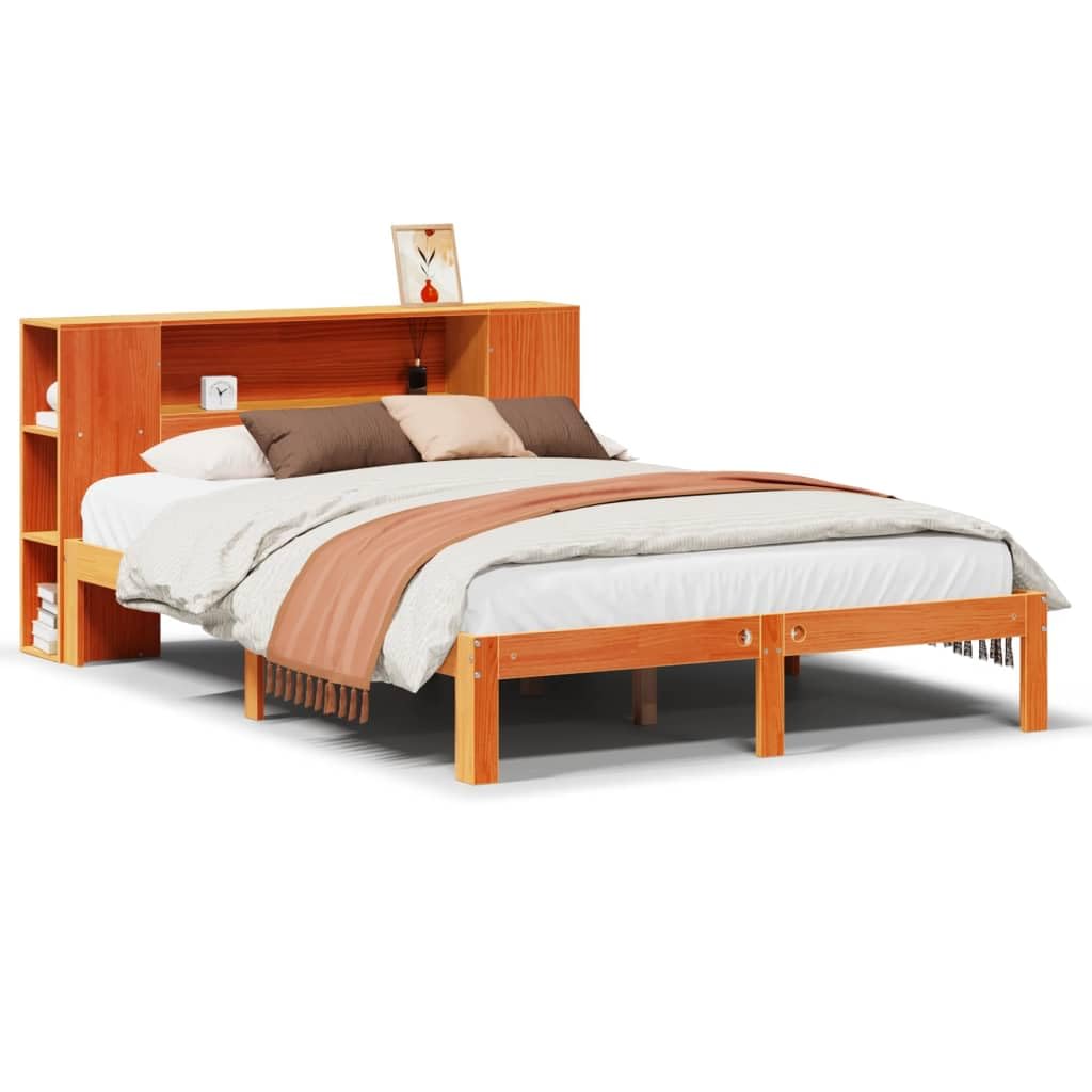 lite drewno sosnowe z regałem wezgłowie 140x190 brąz | Łóżko sosnowe z regałem 140x190cm, woskowy brąz, bez materaca, drewniana rama z stelażem, zagłówek z półkami