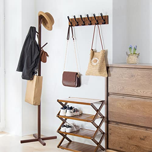 Skoloo Coat Rack Wall Mount - Antique Wooden Carved- X Cross Coat Hook, Wall Coat Hanger With 6 Hooks For Hanging Coats, Hats, Clothing, Scarfs, Brown & Black #TOP1