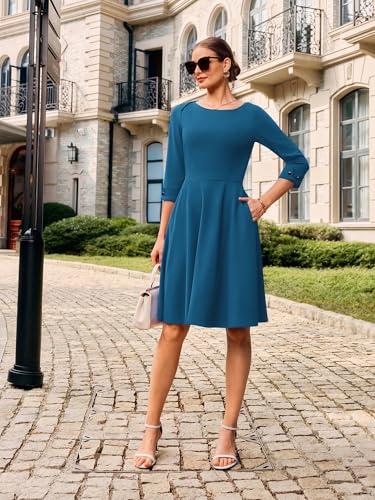 Image of GRACE KARIN Work Dresses for Women 2025 3 /4 Sleeve Fit and Flare Business Midi Dress Classy Office Dresses with Pockets
