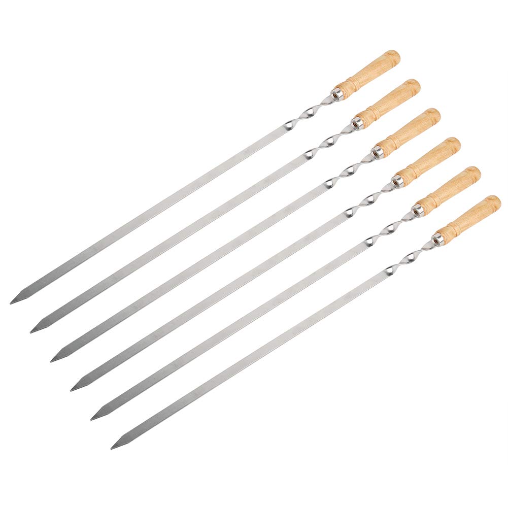 Brochetas para barbacoa de acero inoxidable con mango de madera, planas y antioxidantes, 6 uds