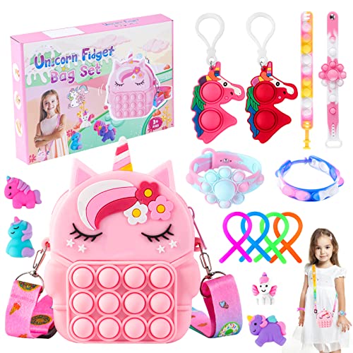 Regalo Niña 3 4 5 6 7 8 9 10 Años, Unicornios para Niñas Bolso Niña Fidget Pack Juguetes Niña 2-10 Años Sensory Toy Juguetes Antiestrés Barato Pop Bubble Push It Bolsa de Hombro