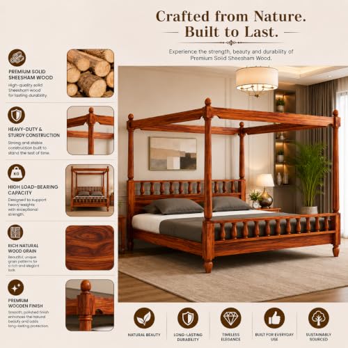 Image of Solid Wood Sheesham Poster Bed Size 84x76x75 in Four Poster Double Bed Furniture for Bedroom Home and Hotel (Queen Size) (Honey Finish)