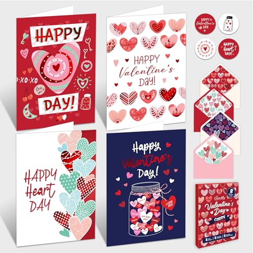 Decorably 8 Pack Foiled 4x6in Valentine Cards for Adults with Envelopes and Stickers, 8 Fun and Elegant Designs for Loved Ones, Family, Friends with Printed Message Inside, Gifting & Mailing