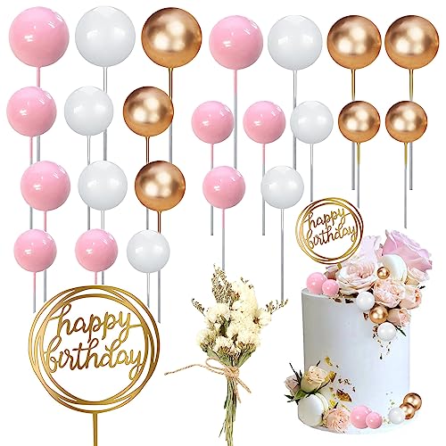 Mini Balloon Cake Topper, 44pcs Happy Birthday Cake Decoration Set Wedding Cake Decoration With Dried Flowers for Anniversary Graduation Birthday Party Baby Shower (Pink)