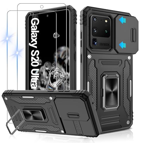 Jshru Hülle für Samsung Galaxy S20 Ultra Handyhülle Kameraschutz mit 2 Stück Schutzfolie Militärstandard Stoßfest Schutzhülle 360 Metall Ring Ständer Case für Galaxy S20 Ultra Schwarz