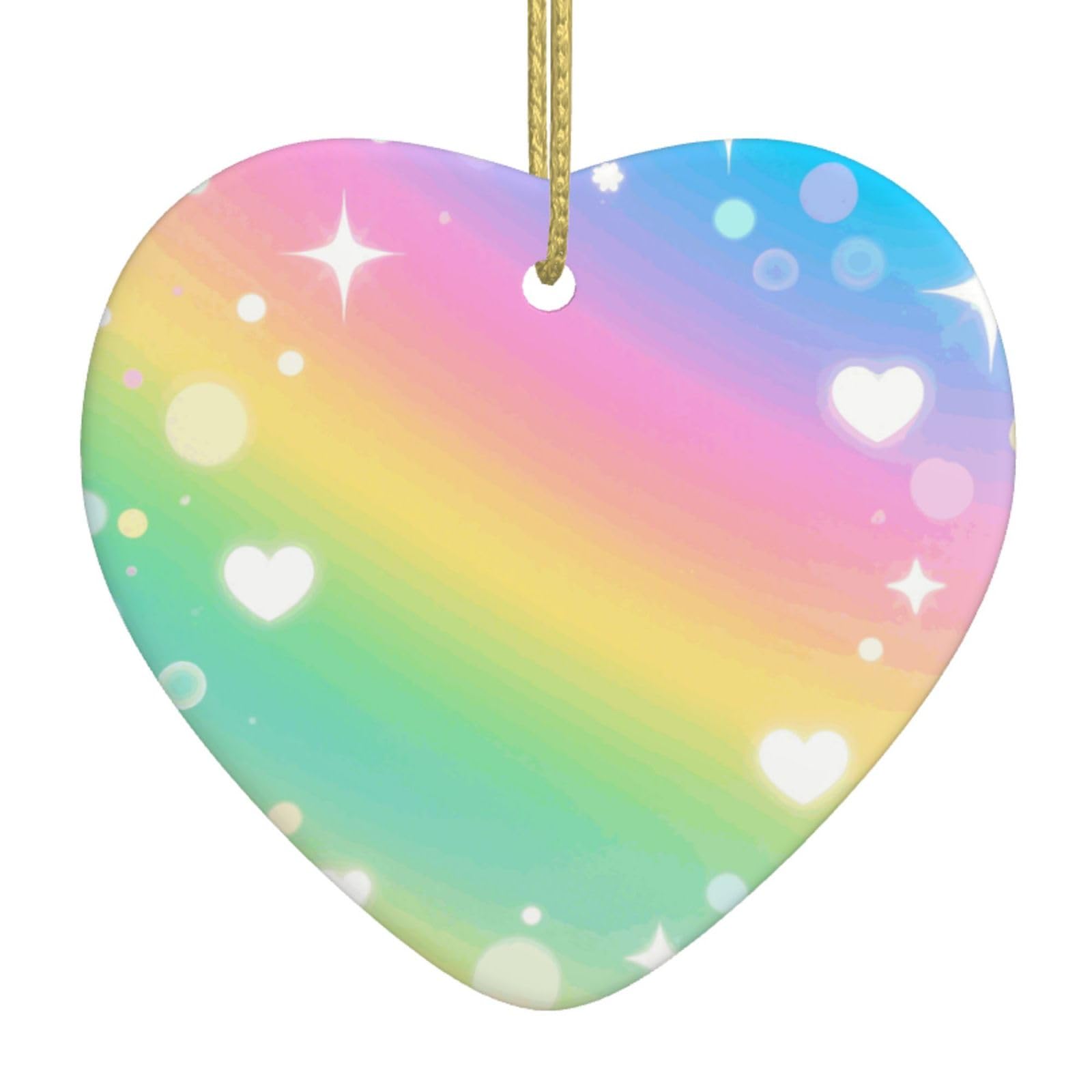 Pastel Rainbow Christmas Ornament 2025 Heart Ceramic Hanging Ornaments for Home Decor Christmas Decorations with Gold Rope Double-Sided Xmas Tree Ceramic Hanging for Holiday Party