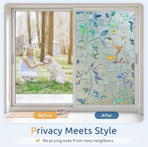Image of HOME13 Window Privacy Film Frosted Glass Film Decorative Window Sticker Removable Window Film Home Office Privacy Film Window Coverings (Rainbow Leafs, 1 Feet by 7 Feet)