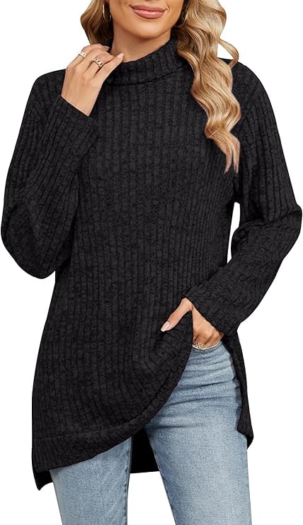 Womens Turtleneck Long Sleeve Tunic Sweaters Fall Lightweight Side Split Long Sleeve Pullover Tops Fashion Sweater