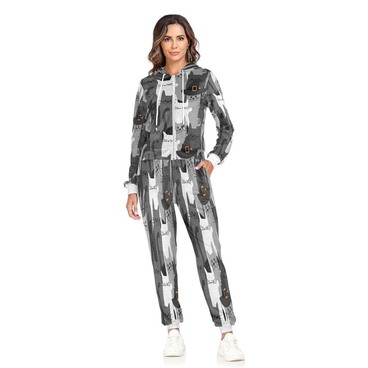 Conjunto deportivo de 2 piezas para mujer, conjunto deportivo de manga larga, diseño de gato, color negro