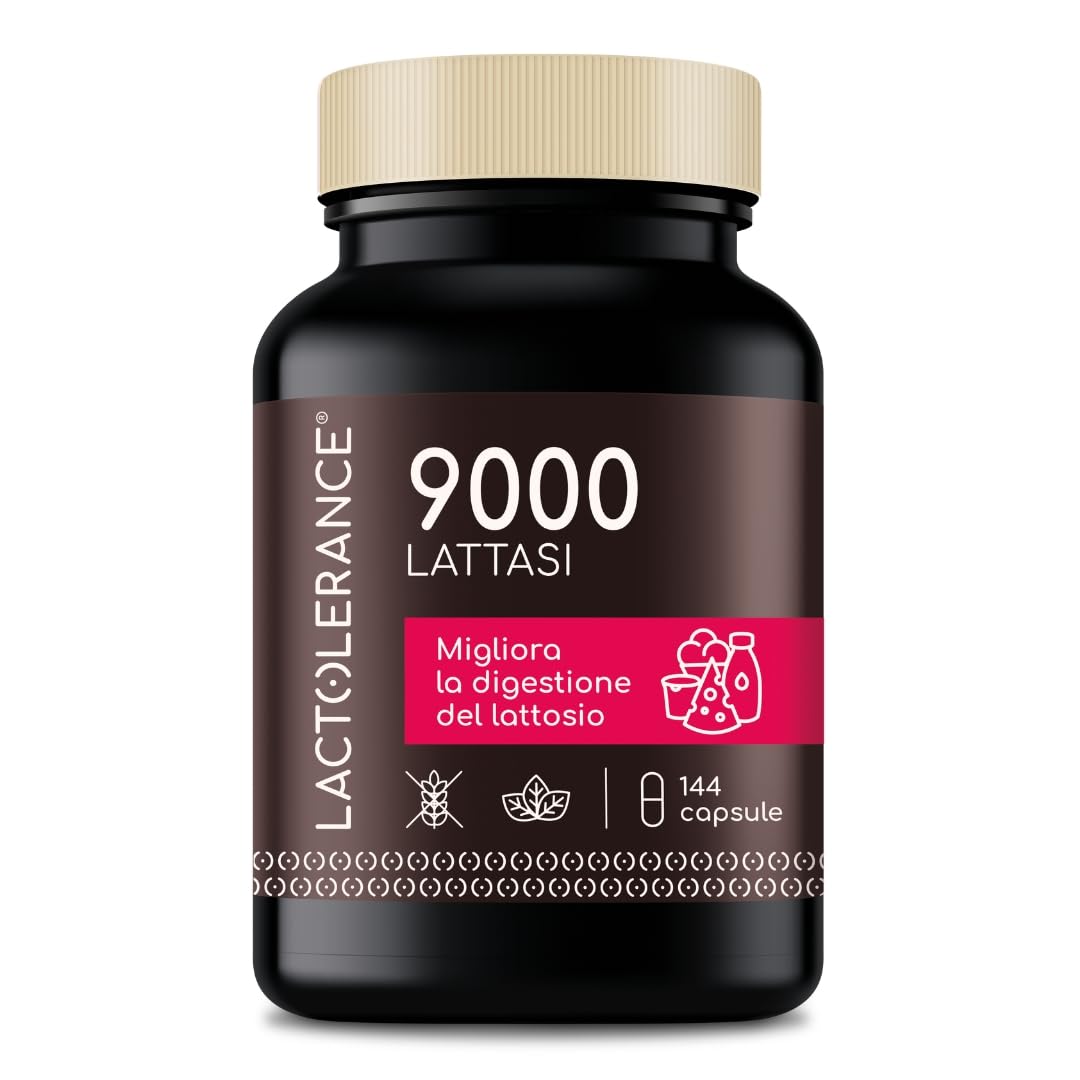 LACTOLERANCE 9000 Lattasi 9000 FCC, Enzimi Digestivi, 144 Capsule | Adatto in caso di intolleranza al lattosio severa. Contro gonfiore e pancia gonfia. Protezione 1h. Senza additivi.