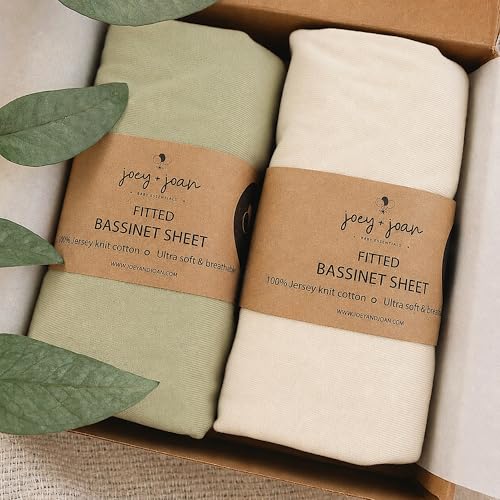 Image of Bedside Sleeper Bassinet Fitted Sheets 33x20 for Maxi Cosi Iora, Koola Baby, Baby Joy, Angelbliss, Kidsclub Bedside Bassinet - 100% Jersey Cotton - Green + Ivory - 2 Pack