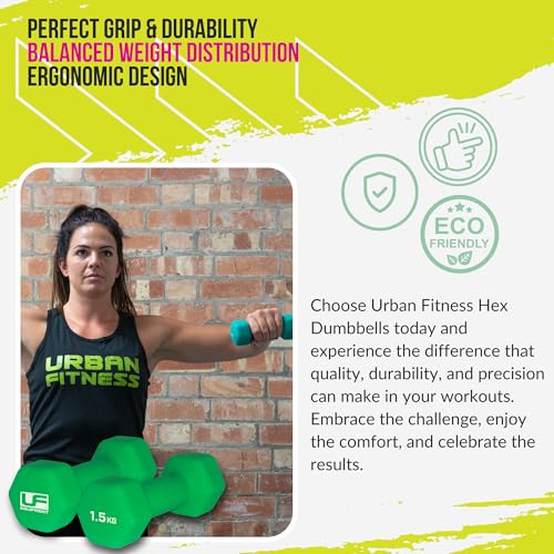 Urban Fitness Neoprene Covered Hex Dumbbells Fitness (Pair) Green 2 x 1.5kg, Blue - Image 4