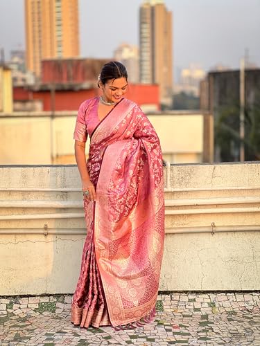 Image of Banarasi Satin Silk Zari Woven Dusty Color Saree with Unstitched Blouse Piece