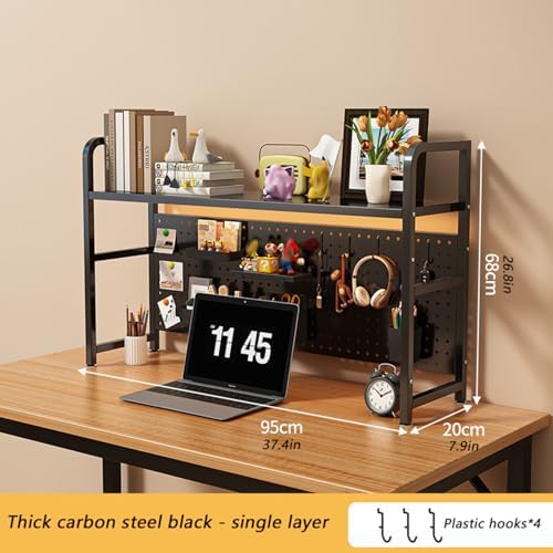Heavy Duty Metal Desk Hutch Shelf with Wrought Iron Divider - Desktop Bookshelf & Countertop Storage Rack for Dorm, Office, Home - Anti-Slip Feet & Back Pegboard, Black, 7.9x29.5x26.8in