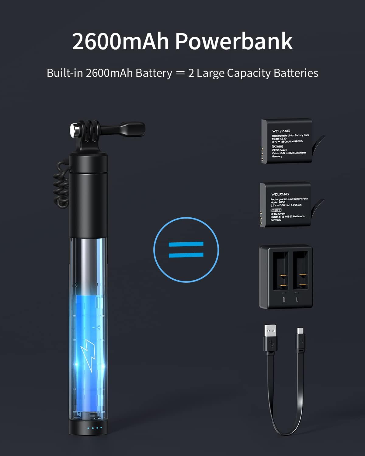 WOLFANG Action Cam Selfie Stick carica la tua action camera da 2600 mAh (24-60 cm), colore nero GB2200