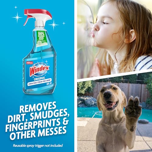 Image of Windex Glass and Window Cleaner Spray Bottle, Bottle Made of 100% Recycled Plastic, Surface Cleaning Spray, Original Blue Scent, 32 Fl Oz