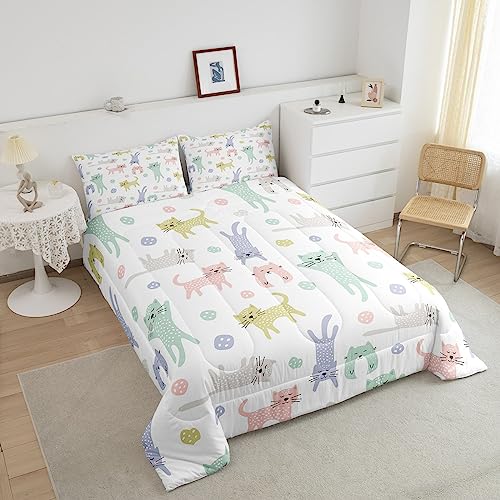 Image of Feelyou Cat Comforter Queen Size, Cute Kitten Cat Comforter Set Colorful Cat Animals Comforter Set for Kids Toddler Kawaii Pet Cats Duvet Set Microfiber Quilt Set