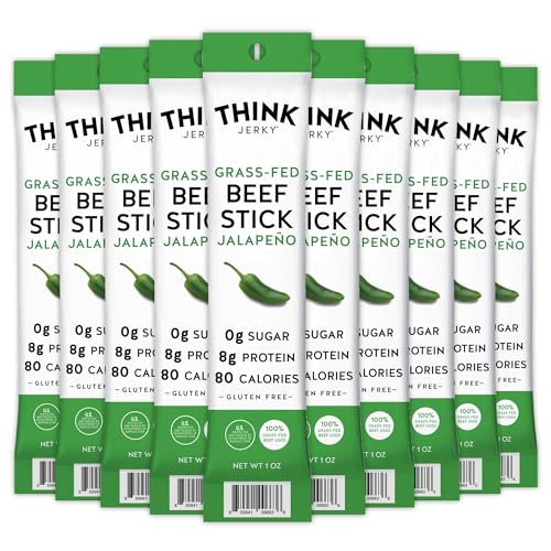 Think Jerky Jalapeno Beef Sticks, Gluten and Sugar Free, No Nitrates, Keto Paleo Friendly High Protein Low Carb Meat Snack - 1.0 oz Sticks, 10 Pack