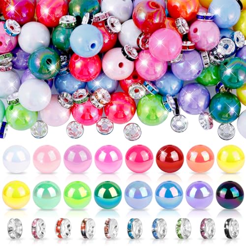 HUISUYTON 320 PCS Beads for Pens 14 mm Focal Beads & 8 mm Rhinestone Spacers Bead Fit for Beadable Pens Bracelets Keychains Jewelry Making Rainbow Acrylic Bead Christmas Gifts