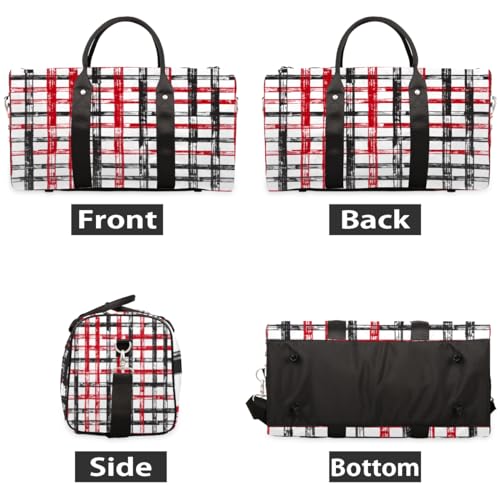 Red Black Plaid Travel Duffel Bag, Modern Pattern Sports Tote Gym Bag, Foldable Weekender Overnight Bag, Luggage Handle Bag for Women Men2