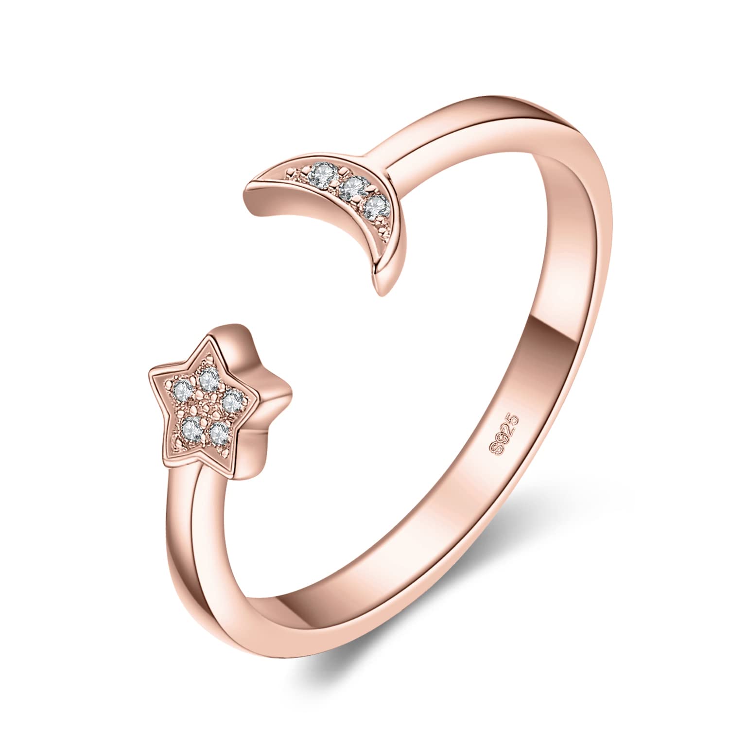 JewelryPalaceAjustable Luna y Estrella Anillo Mujer Plata Oro 14k Oro Rosa, Anillo Abierto Sencillo Lindo Circonita, Anillo Niña Elegante Piedra Preciosa, Regalo Anillo Promesa Joyas de Mujer