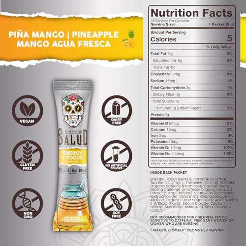 Image of Salud 2-in-1 Energy Drink Powder + Focus, Pineapple Mango, Organic Caffeine, B6 + B12, Theanine, Clean Energy Drink Packets, Agua Fresca Mix, Non-GMO, Gluten Free, Vegan, 1g of Sugar, (15 Servings)