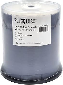 95079 DVD-R 4.7GB 16X White Inkjet Hub Printable - 100pk Spindle Frustration Free Packaging, 100 Disc